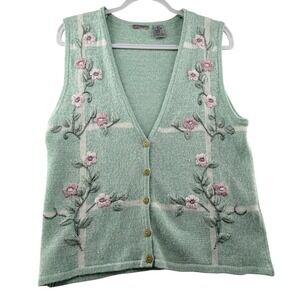 Tan Jay Floral Embroidered Knit Sweater Vest Womens Small Sage‎ Granny Cottage